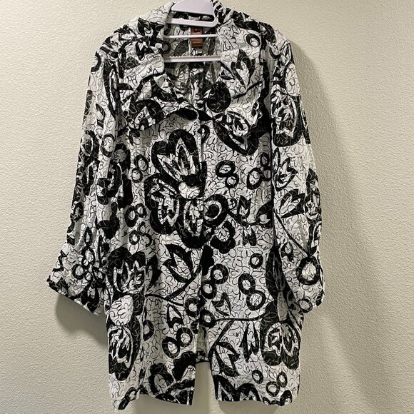 MULTIPLES Button Front Tunic/Lightweight Coat Sheer Long Sleeve, White/Black-XL - Picture 1 of 9